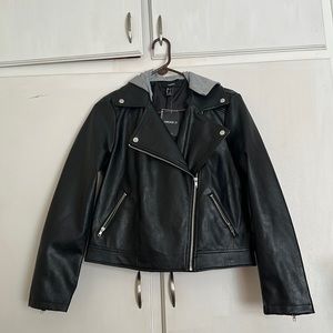 Black and heather grey jacket. Leather jacket with a soft heather grey hood.